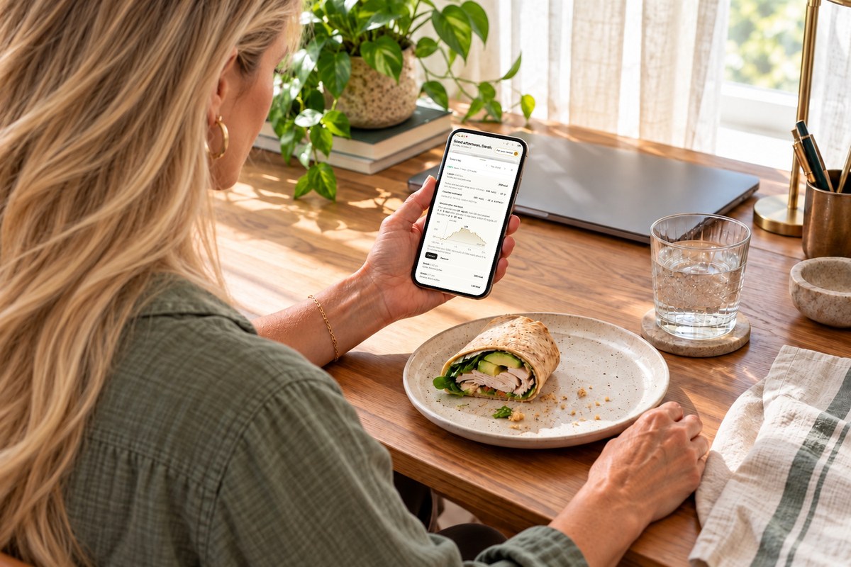 A woman at her desk at lunch holds her phone over half a turkey and avocado wrap; the phone shows the lunch in Today’s log: half a wrap, the other half left, counted 245 kcal and 12 g protein, with what the meal did to her glucose