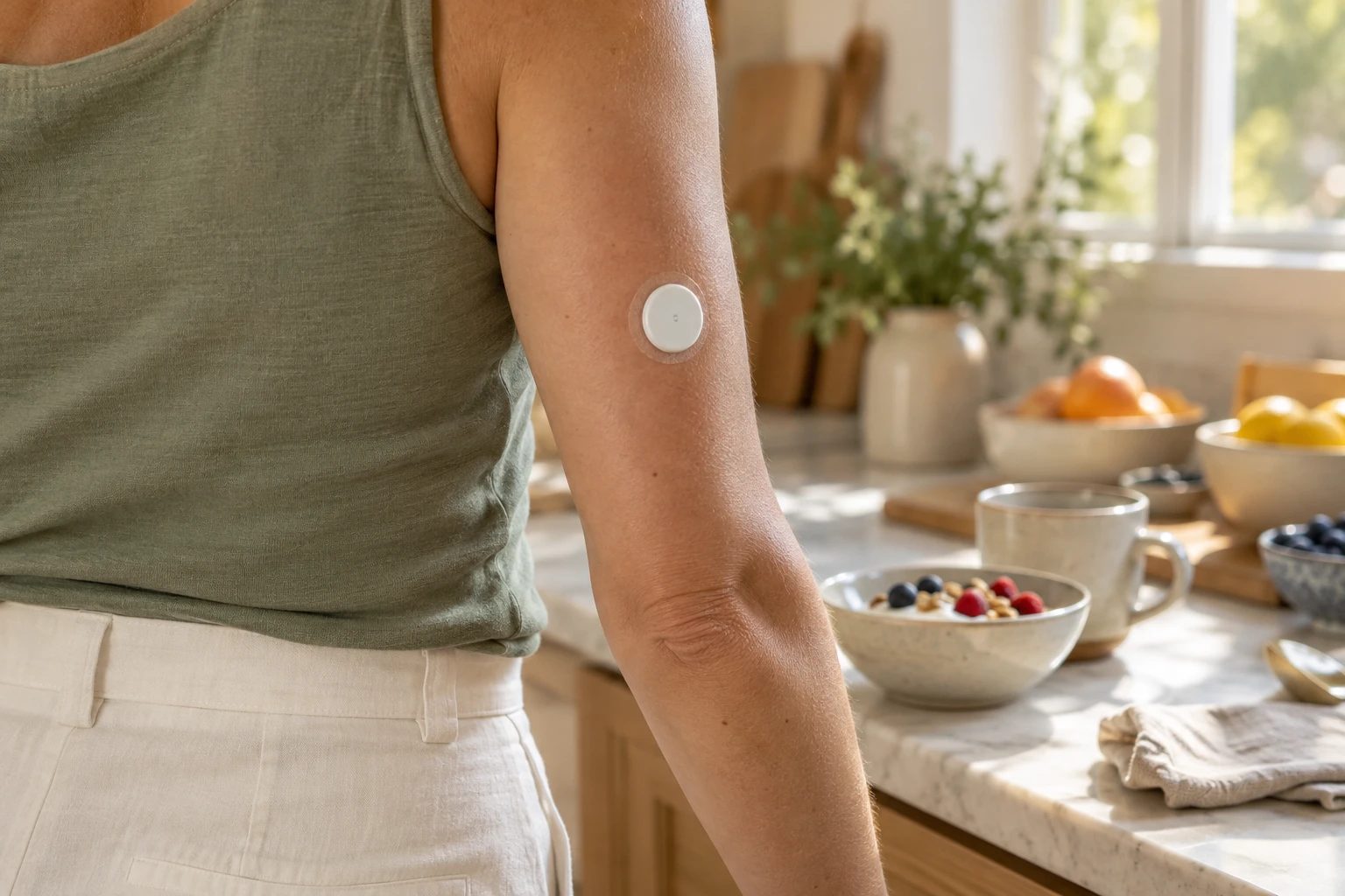 A woman seen from behind in a sage tank top, a round white glucose sensor on the back of her upper arm, standing at a sunny kitchen counter with a bowl of yogurt and berries, a mug and a bowl of fruit