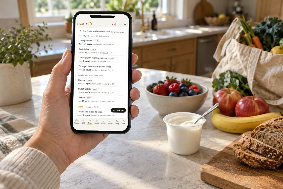A hand holding a phone at a sunny kitchen counter beside a bowl of berries, a cup of yogurt, sliced whole-grain bread, apples, a banana and a bag of groceries; the phone shows ILAI’s “Your foods, by glucose response” from 36 clean meals: Steady, string cheese, protein bar, Greek yogurt with blueberries, cottage cheese with peach slices; Moderate, banana, sweet potato, quinoa; Sharp, turkey and avocado wrap, rose 25 mg/dL, median of 5 meals