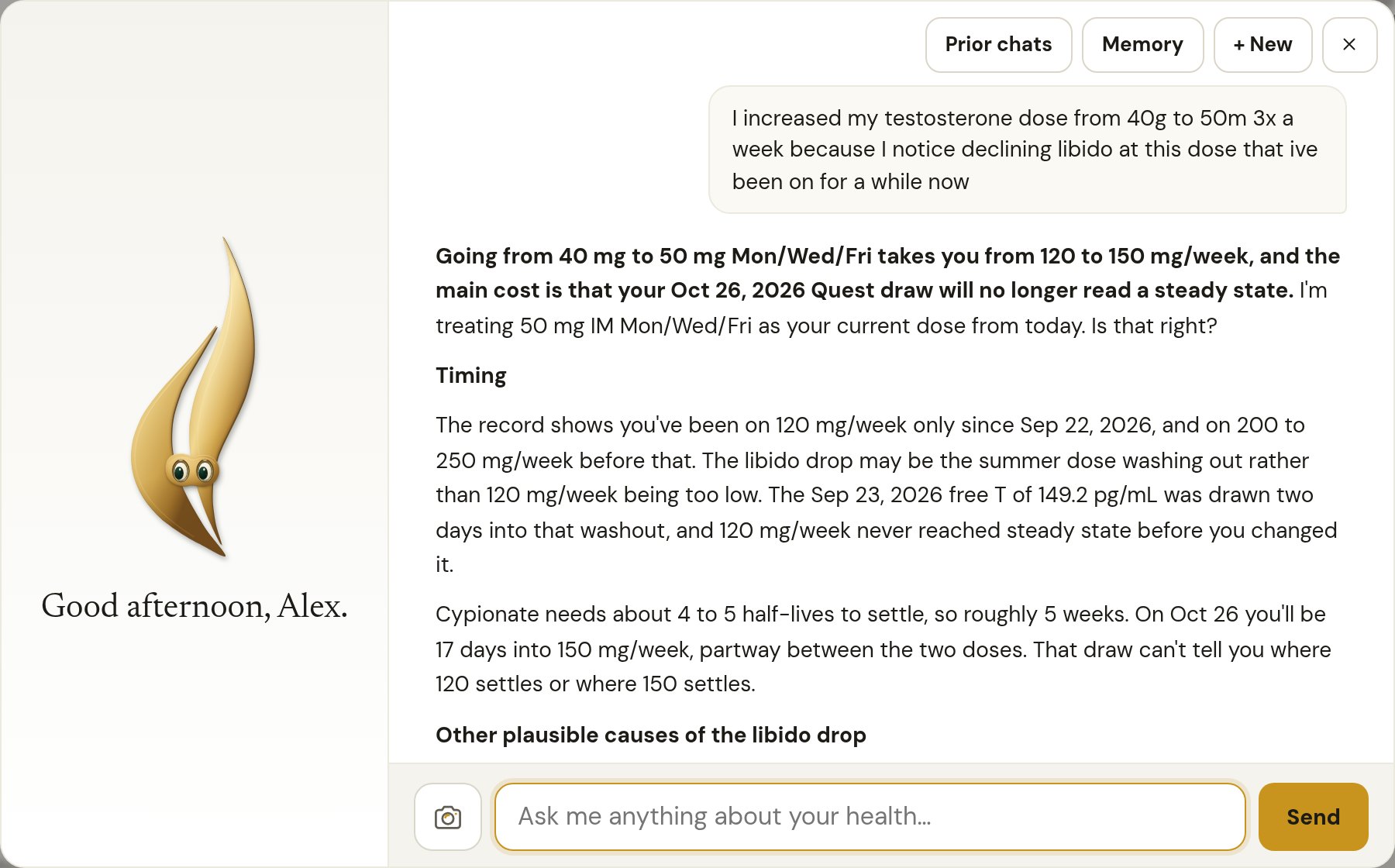 The Ask ILAI window on a laptop: ILAI on the left with “Good afternoon, Alex.”, and on the right Alex’s message about raising his testosterone from 40 to 50 three times a week, then the start of ILAI’s answer: going from 40 mg to 50 mg Mon/Wed/Fri takes him from 120 to 150 mg/week, and the main cost is that his Oct 26 Quest draw will no longer read a steady state; then the Timing section