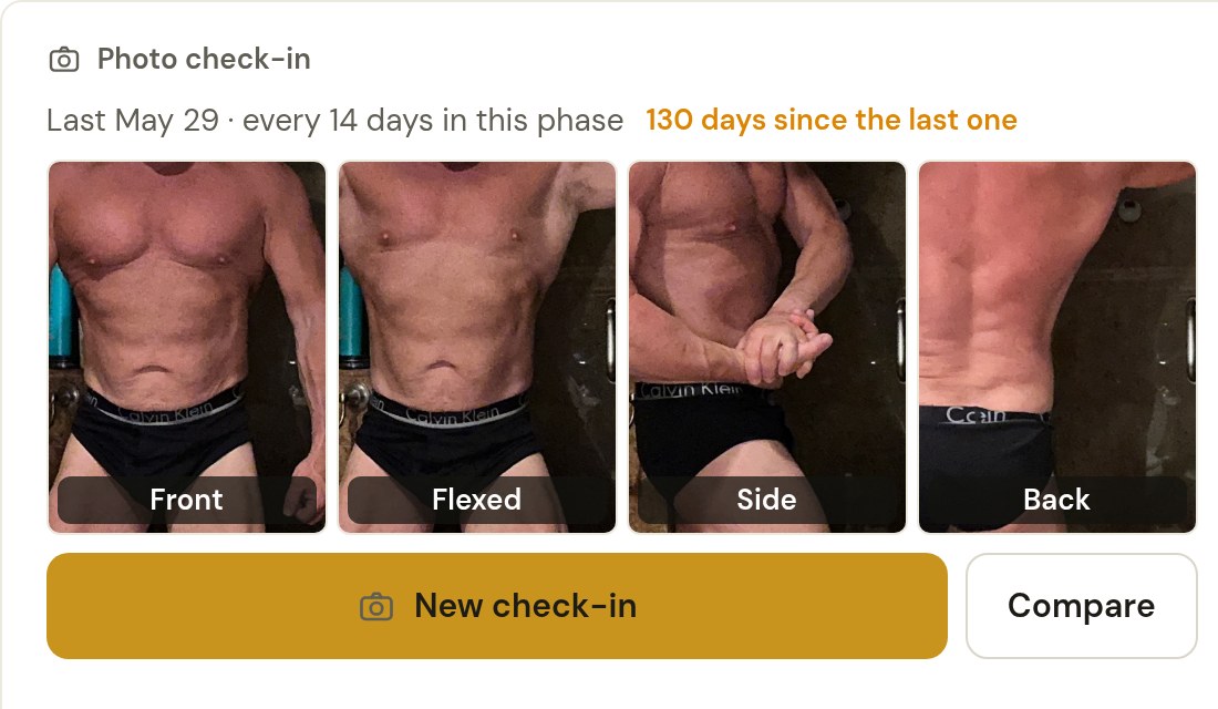The photo check-in card: four poses (front, flexed, side, back) with the head out of frame, New check-in and Compare