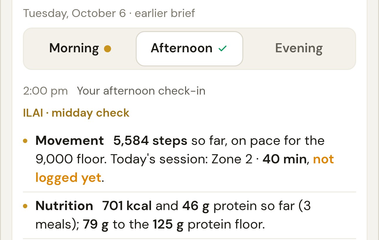 Sarah’s 2 pm check on Oct 6: 5,584 steps, on pace; 701 kcal and 46 g protein so far from three meals, 79 g to the 125 g protein floor